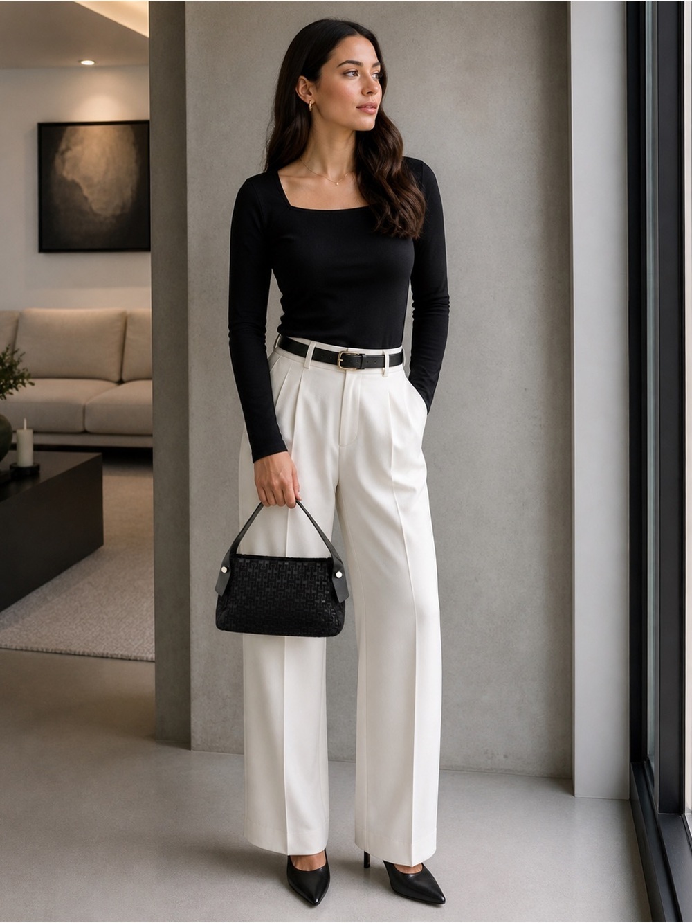 Gillivo Black East-West Shoulder Bag Textured Woven Silver Hardware - Picture 1 of 8